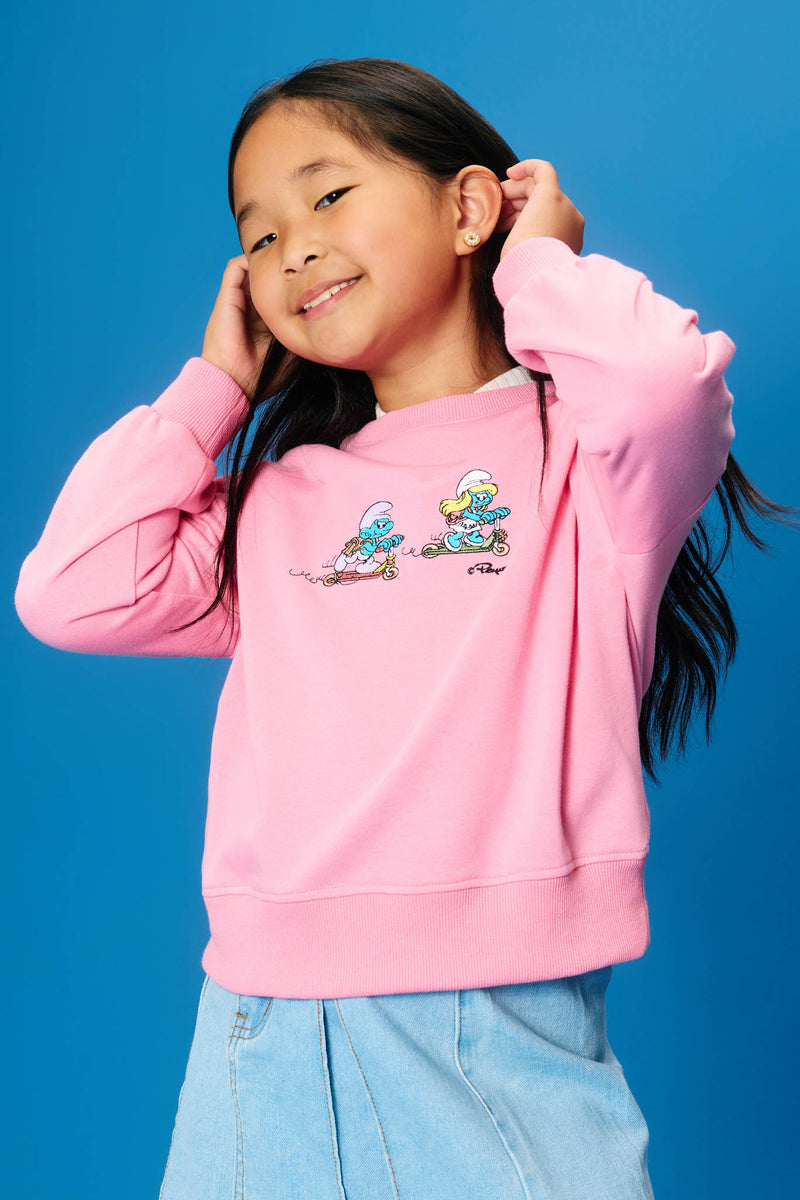 GS0030 Pink Smurfs Scooter Patch French Terry Sweatshirt Front