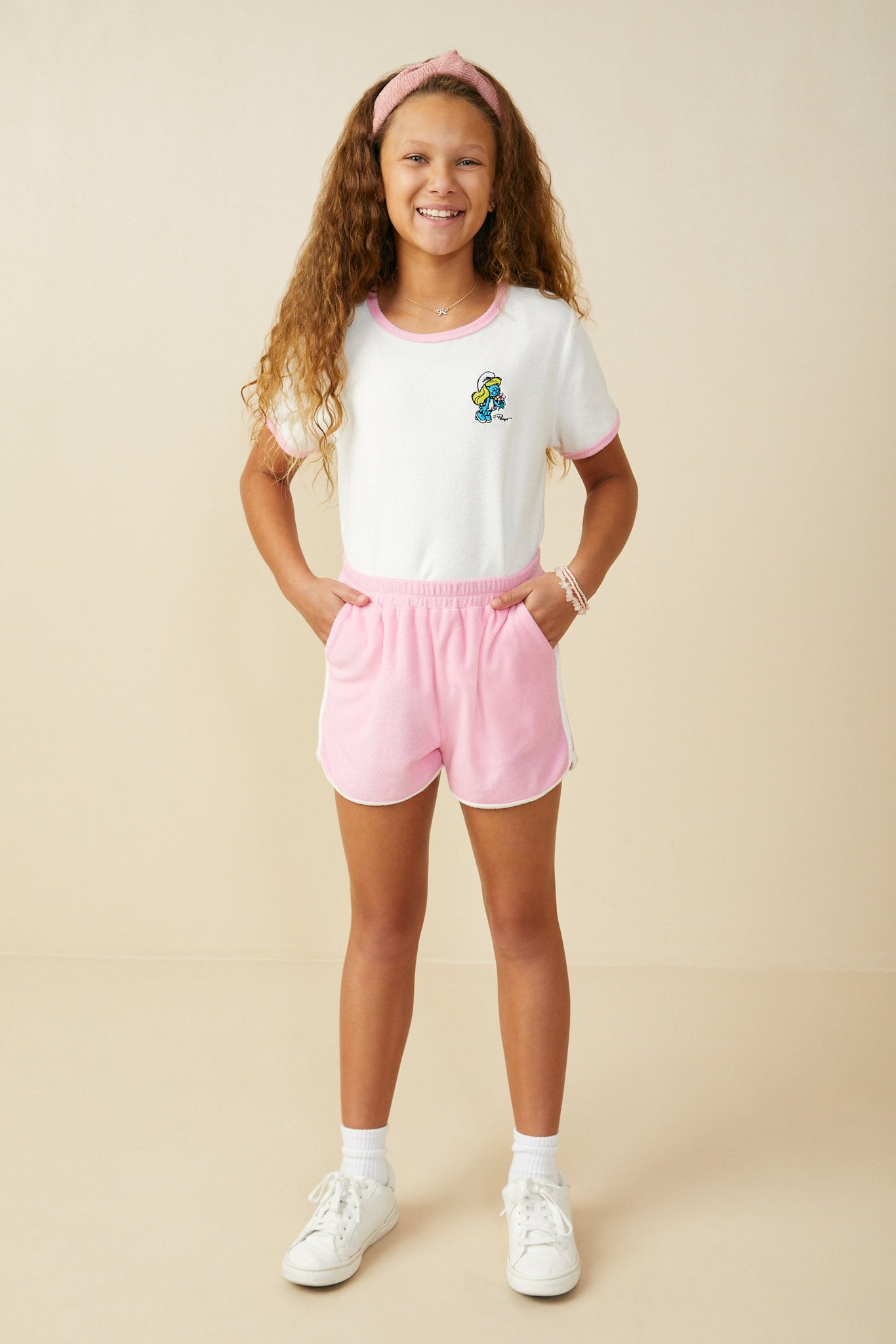 GS0033 Pink Smurfs Vanity Smurf Patch Pocket Terry Shorts Pose