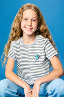 GS0034 Heather Grey Smurfs Vanity Smurf Patch Mixed Stripe T Shirt Front