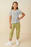 GS0034 Heather Grey Smurfs Vanity Smurf Patch Mixed Stripe T Shirt Pose