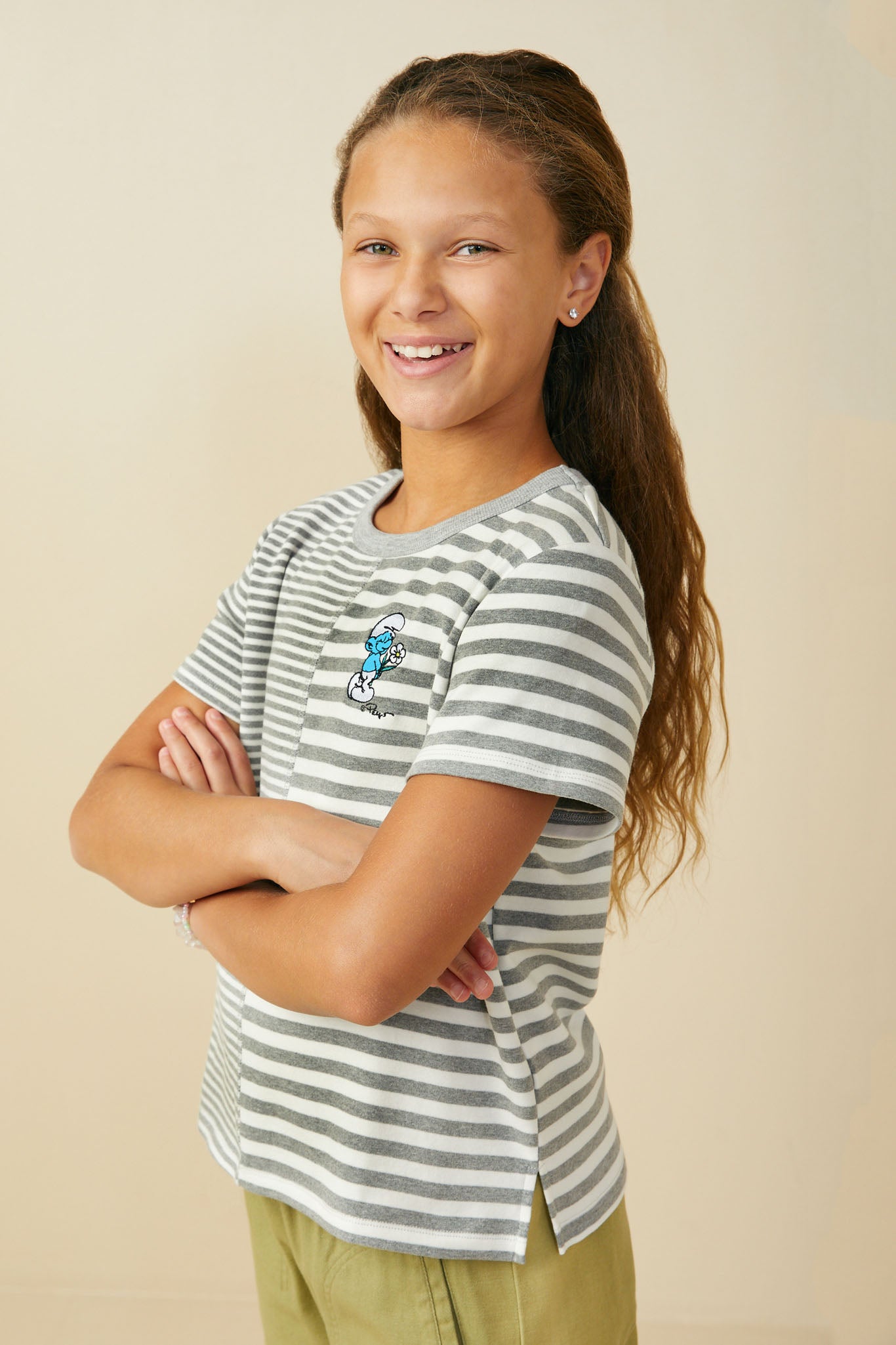 GS0034 Heather Grey Smurfs Vanity Smurf Patch Mixed Stripe T Shirt Side