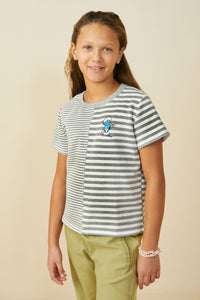 GS0034 Heather Grey Smurfs Vanity Smurf Patch Mixed Stripe T Shirt Front 2