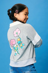 GS0036 Heather Grey Smurfs Floral Large Graphic French Terry Rugby Shirt Side