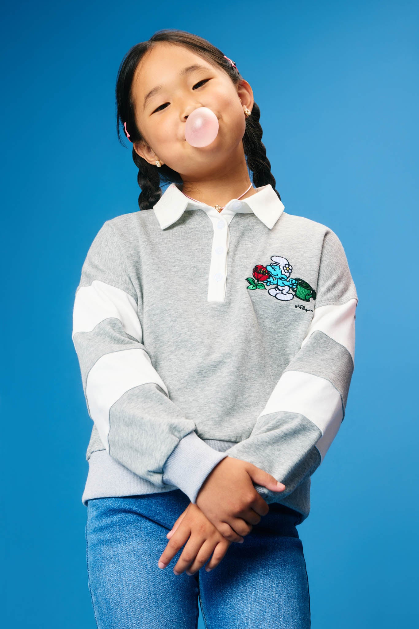 Smurfs Floral Large Graphic French Terry Rugby Shirt