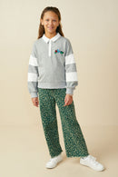 GS0036 Heather Grey Smurfs Floral Large Graphic French Terry Rugby Shirt Pose