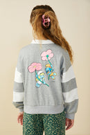 GS0036 Heather Grey Smurfs Floral Large Graphic French Terry Rugby Shirt Back