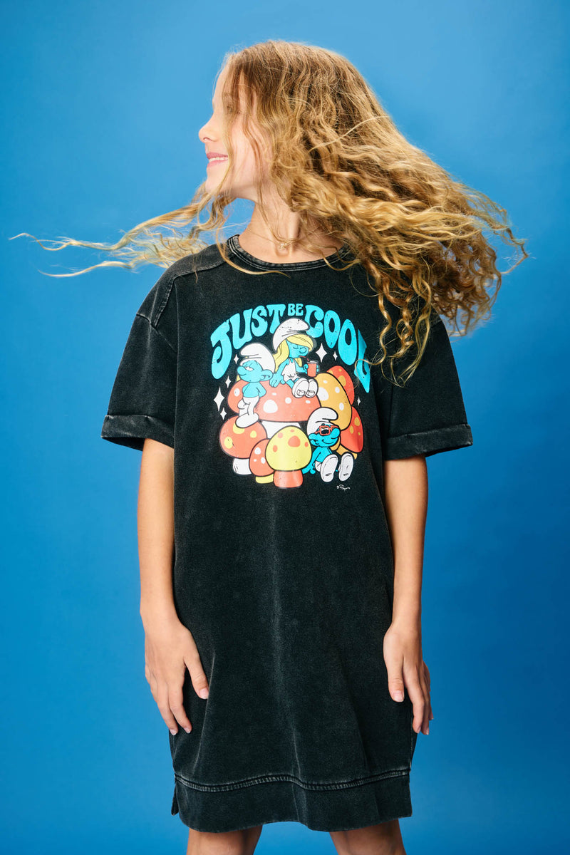 GS0037 Black Smurfs Just Cool Large Graphic Garment Washed T Shirt Dress Front