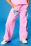 GS0039 Pink Smurfs Love More Graphic Wide Leg Sweat Pants Front
