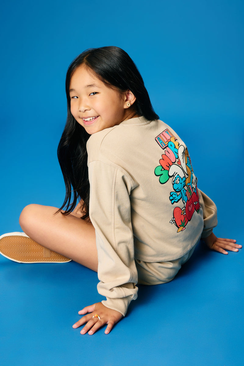 GS0040 Tan Smurfs All You Need is Love Graphic Garment Washed Sweatshirt Side