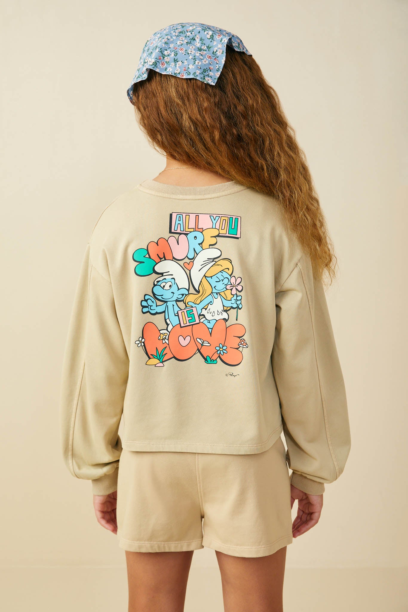 GS0040 Tan Smurfs All You Need is Love Graphic Garment Washed Sweatshirt Back