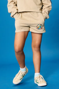 GS0041 Tan Smurfs Floral Smurfette Elastic Waist Garment Washed Shorts Front