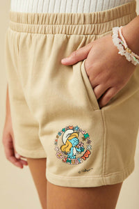 GS0041 Tan Smurfs Floral Smurfette Elastic Waist Garment Washed Shorts Detail