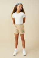 GS0041 Tan Smurfs Floral Smurfette Elastic Waist Garment Washed Shorts Pose