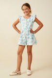 GS0044 Blue Smurfs All Over Printed Flutter Sleeve Gauze Romper Full Body