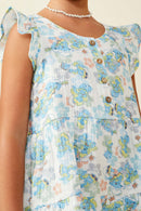 GS0044 Blue Smurfs All Over Printed Flutter Sleeve Gauze Romper Detail