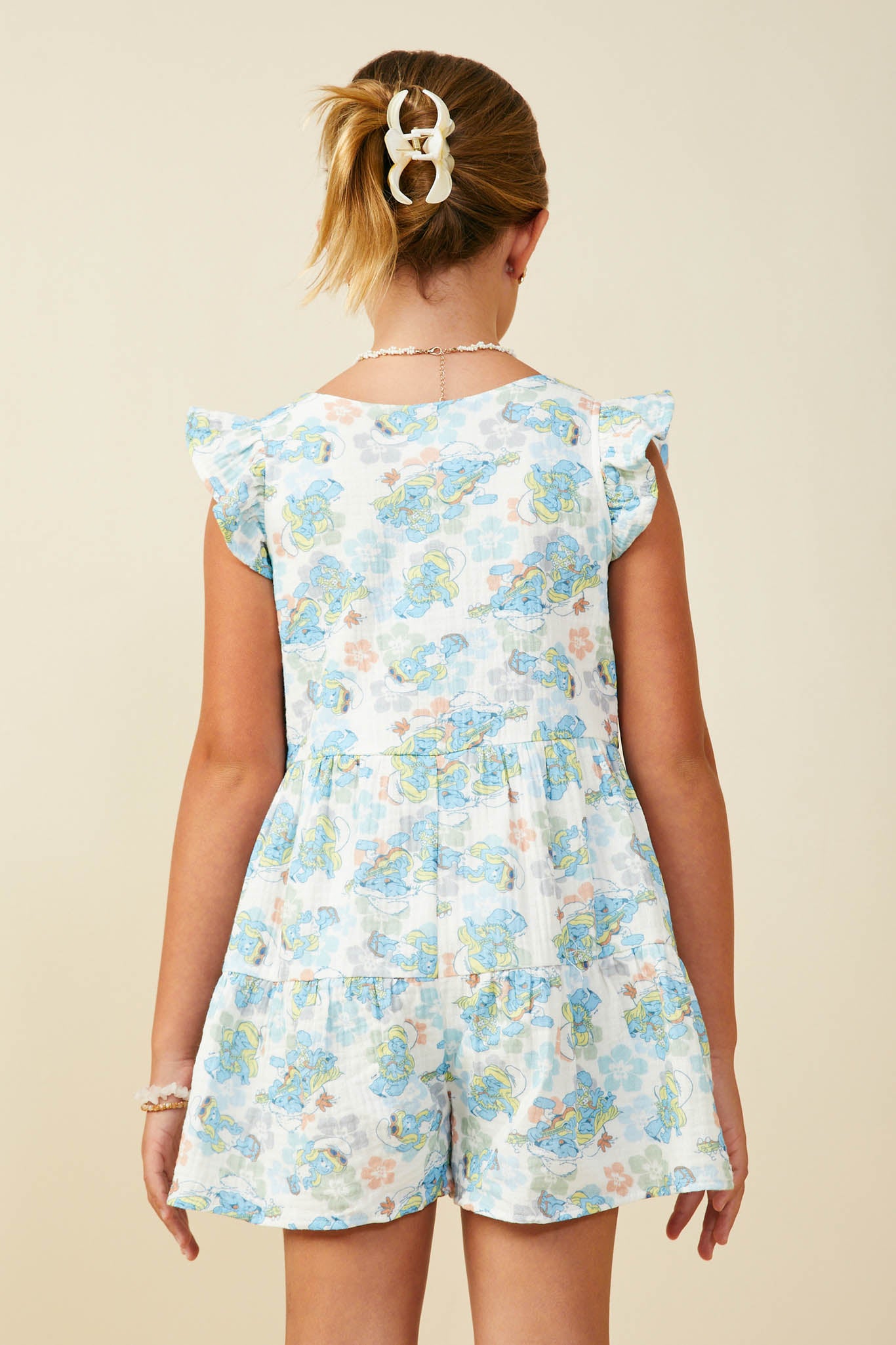 GS0044 Blue Smurfs All Over Printed Flutter Sleeve Gauze Romper Back