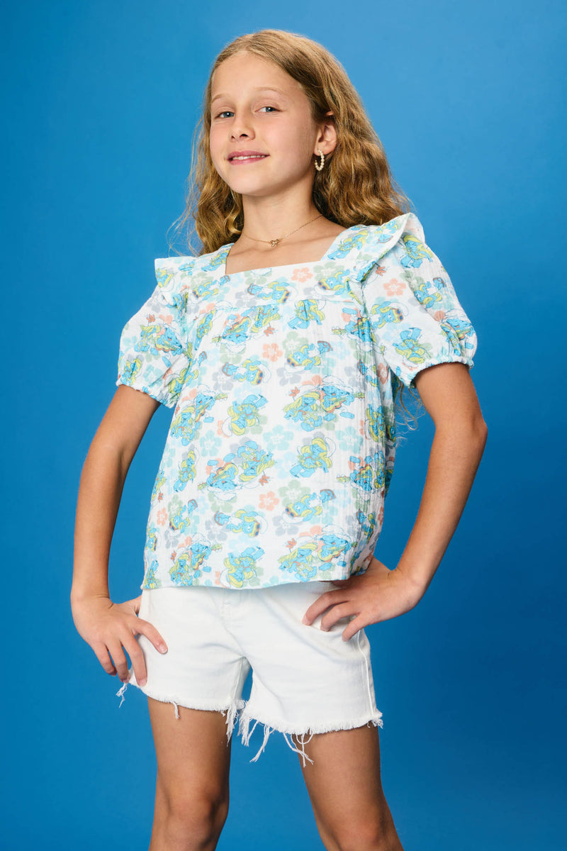 GS0045 Blue Smurfs All Over Printed Ruffled Gauze Top Pose