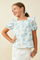 GS0045 Blue Smurfs All Over Printed Ruffled Gauze Top Front