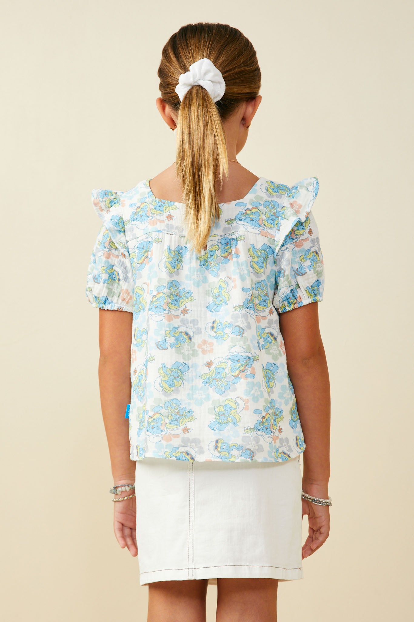 GS0045 Blue Smurfs All Over Printed Ruffled Gauze Top Back