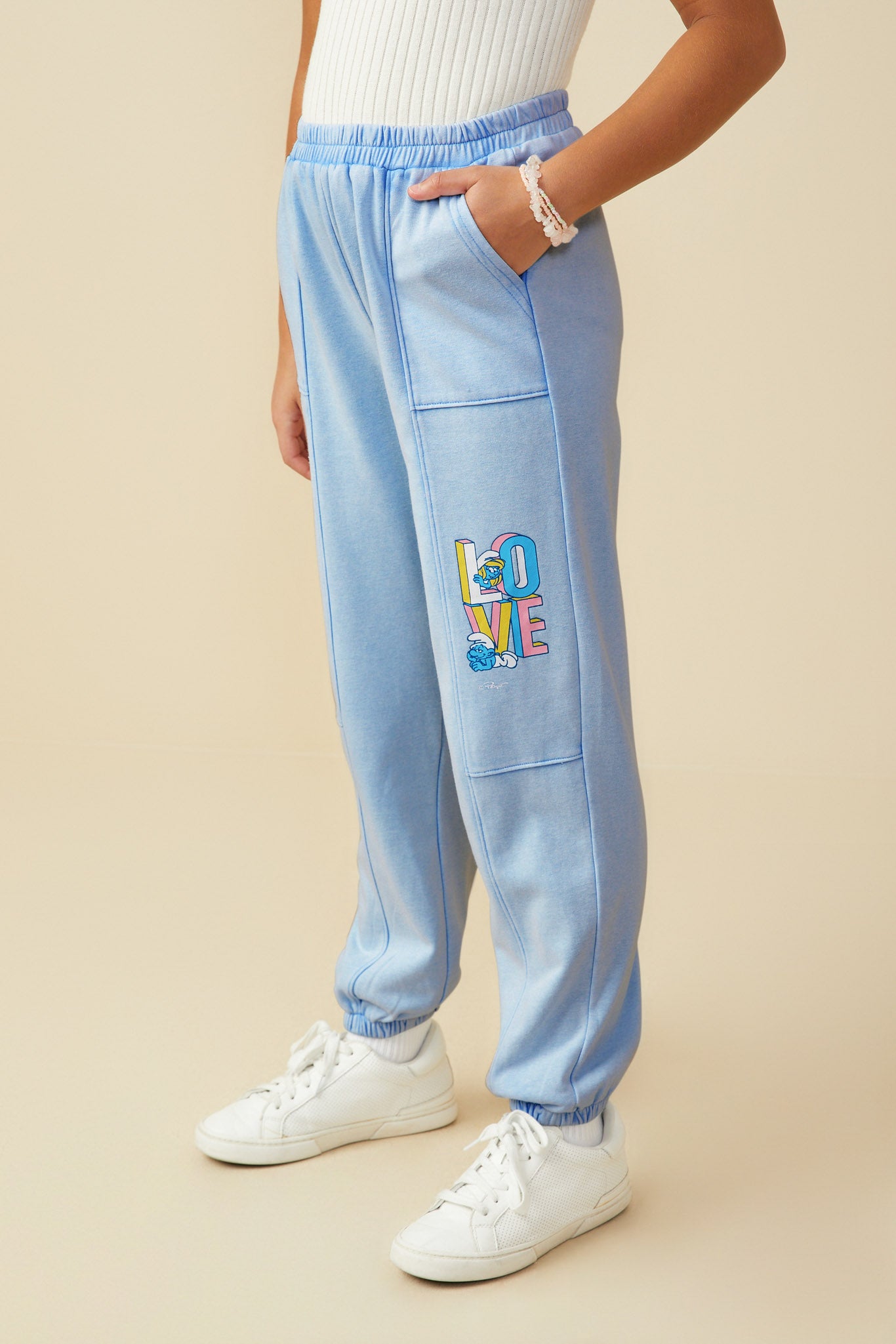 GS0047 Blue Smurfs Love You Large Graphic Garment Washed Joggers Side 2
