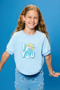 GS0049 Blue Smurfs Floral Graphic Garment Washed Raglan Top Front