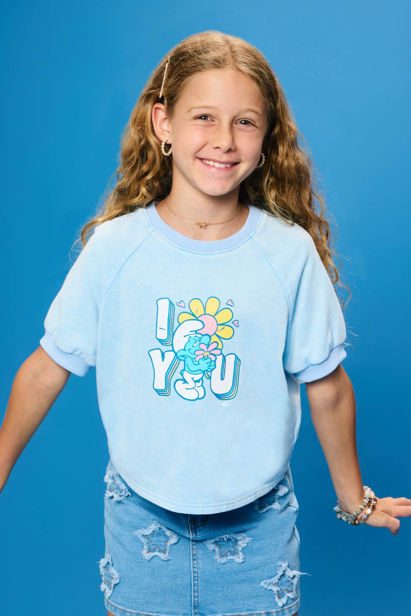 Smurfs Floral Graphic Garment Washed Raglan Top