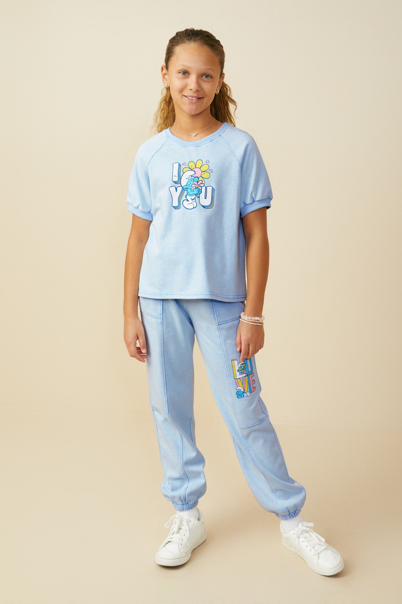 Smurfs Floral Graphic Garment Washed Raglan Top