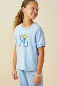 GS0049 Blue Smurfs Floral Graphic Garment Washed Raglan Top Side