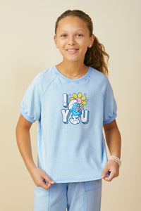 GS0049 Blue Smurfs Floral Graphic Garment Washed Raglan Top Front 2