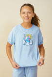 GS0049 Blue Smurfs Floral Graphic Garment Washed Raglan Top Front 2
