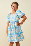 GS0050 Blue Smurfs Floral Smurf Print Square Neck Textured Dress Front