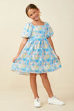 GS0050 Blue Smurfs Floral Smurf Print Square Neck Textured Dress Full Body