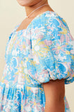 GS0050 Blue Smurfs Floral Smurf Print Square Neck Textured Dress Detail
