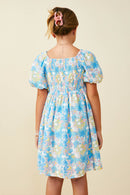 GS0050 Blue Smurfs Floral Smurf Print Square Neck Textured Dress Back