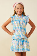 GS0051 Blue Smurfs Floral Smurf Print Smocked Ruffled Tank Front