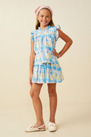 GS0051 Blue Smurfs Floral Smurf Print Smocked Ruffled Tank Full Body