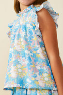 GS0051 Blue Smurfs Floral Smurf Print Smocked Ruffled Tank Detail