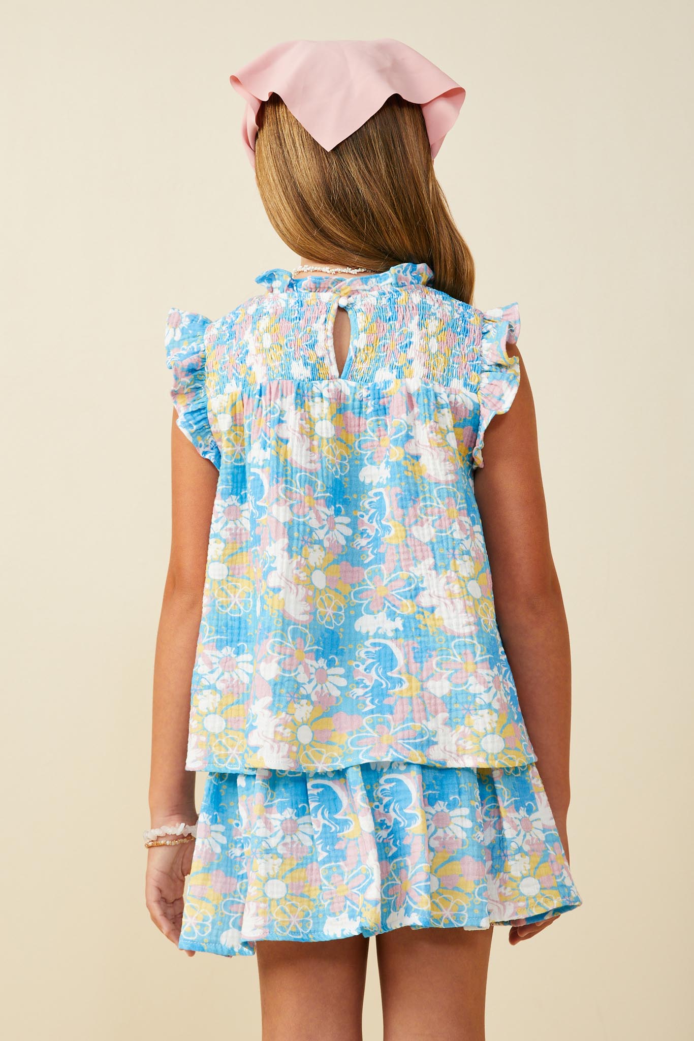 GS0051 Blue Smurfs Floral Smurf Print Smocked Ruffled Tank Back