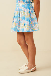 GS0053 Blue Smurfs Floral Smurf Print Pleated Textured Skirt Side
