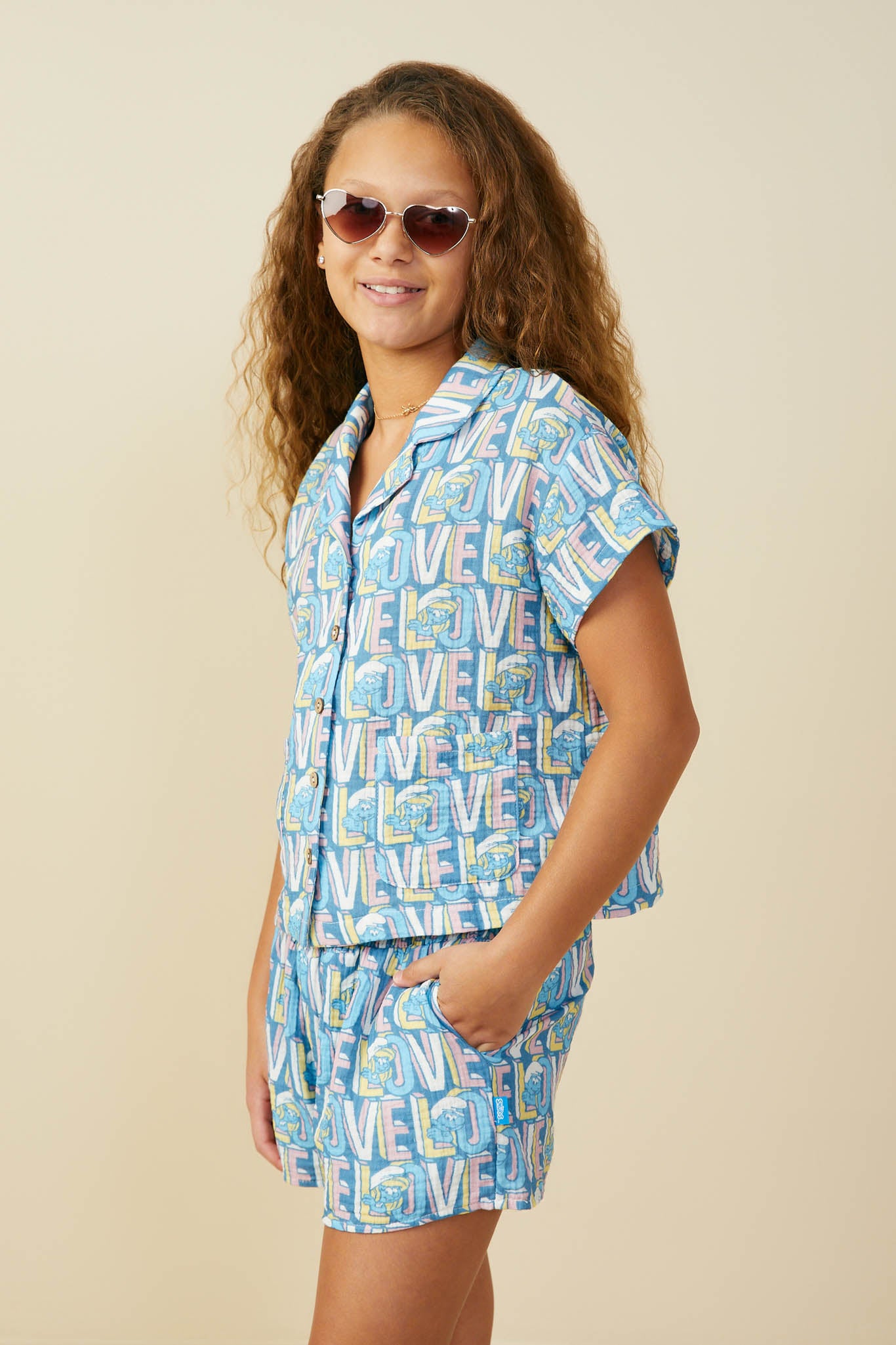 GS0054 Blue Smurfs All Over Love Printed Textured Shirt Side