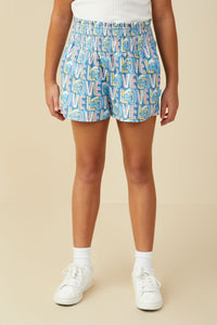 GS0055 Blue Smurfs All Over Love Printed Textured Smocked Shorts Front