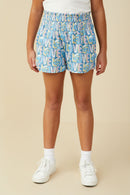 GS0055 Blue Smurfs All Over Love Printed Textured Smocked Shorts Front