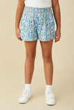 GS0055 Blue Smurfs All Over Love Printed Textured Smocked Shorts Front