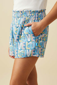 GS0055 Blue Smurfs All Over Love Printed Textured Smocked Shorts Side