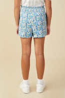 GS0055 Blue Smurfs All Over Love Printed Textured Smocked Shorts Back