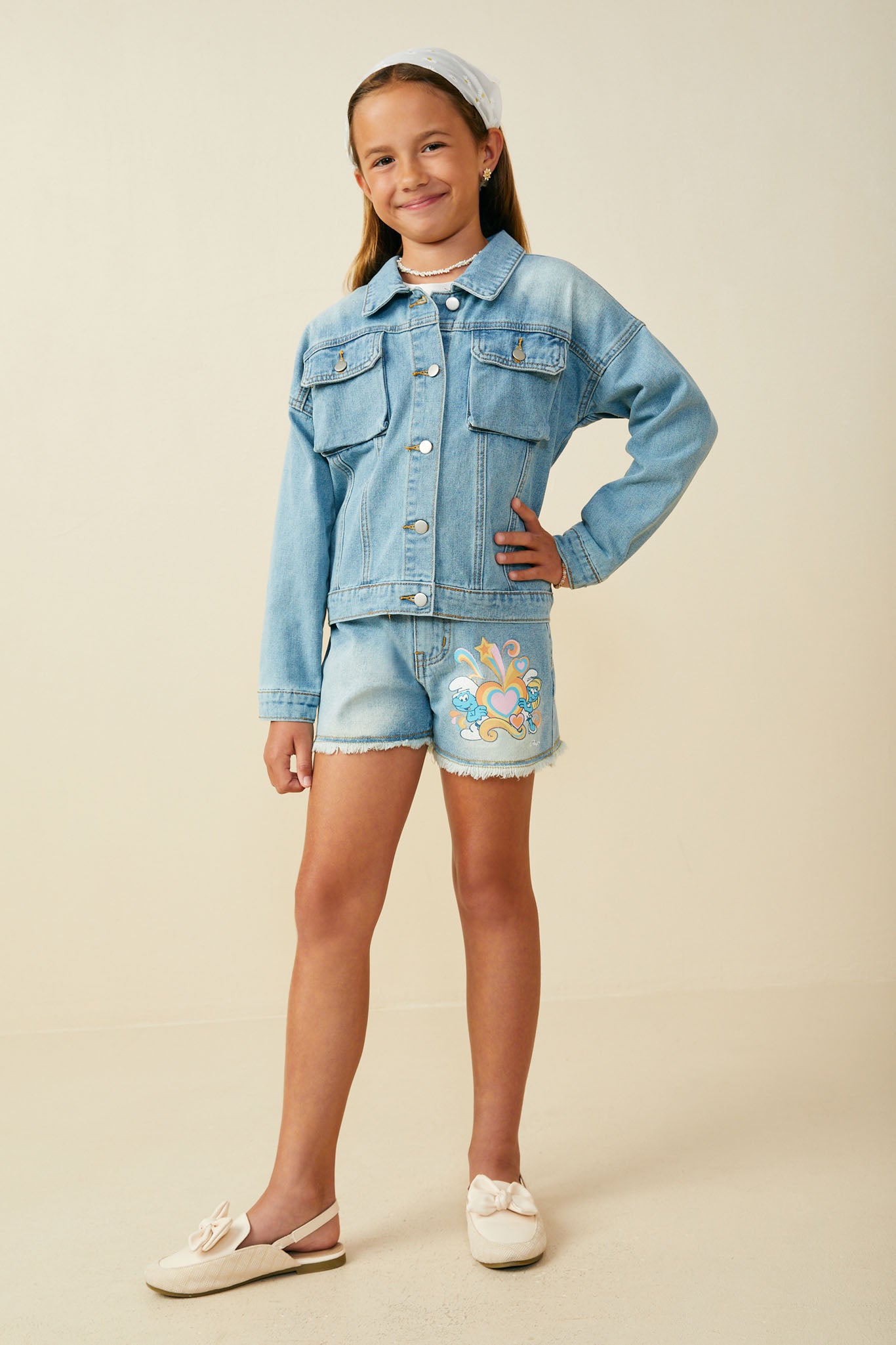 GS0056 Mid Denim Smurfs Smurfette Large Graphic Cargo Denim Jacket Full Body