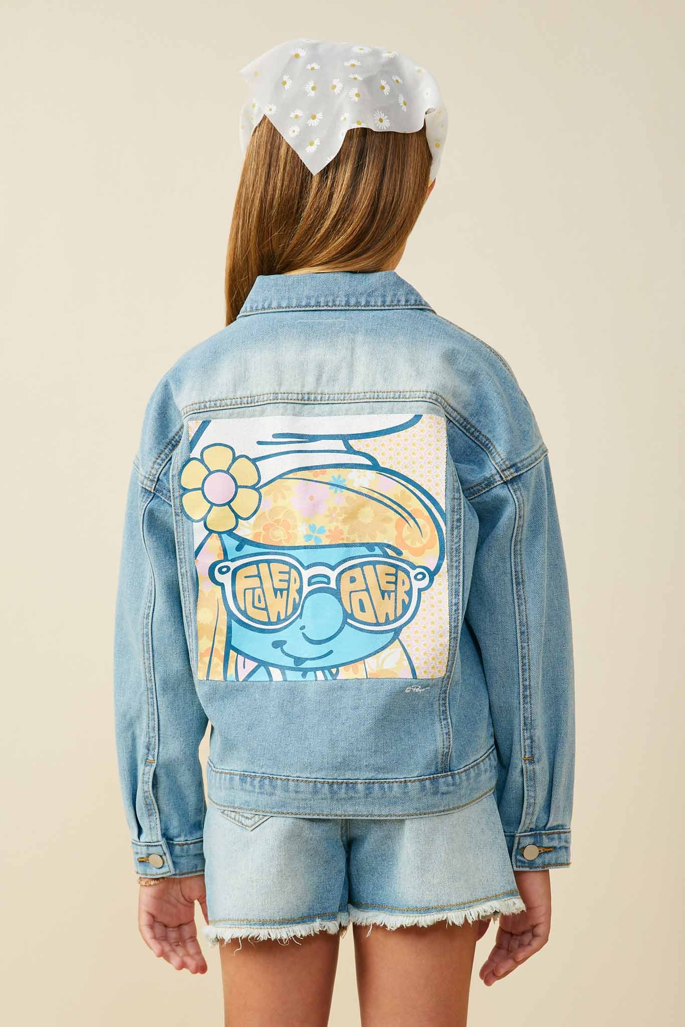 GS0056 Mid Denim Smurfs Smurfette Large Graphic Cargo Denim Jacket Side