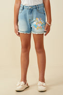 GS0057 Mid Denim Smurfs Heart Graphic Frayed Hem Denim Shorts Front