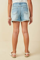 GS0057 Mid Denim Smurfs Heart Graphic Frayed Hem Denim Shorts Side