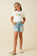 GS0057 Mid Denim Smurfs Heart Graphic Frayed Hem Denim Shorts Back